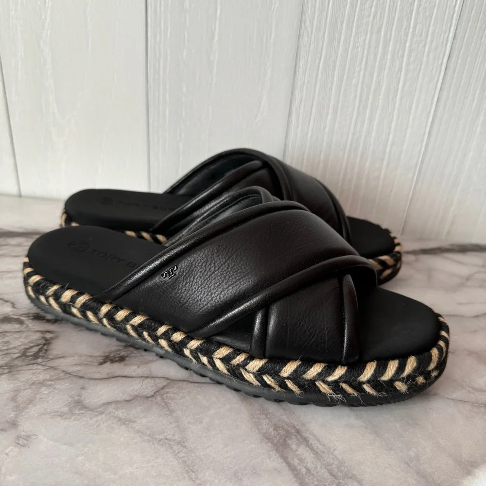 Tory Burch Black Leather Cross-Strap Slide Sandals with Braided Trim